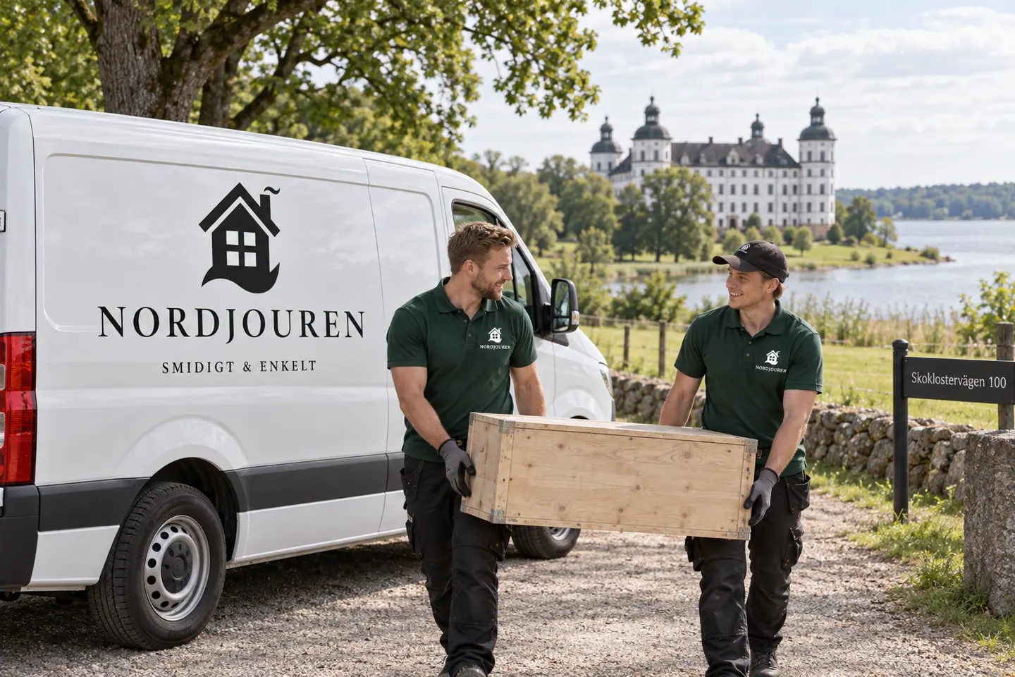 Illustration: Nordjourens bil och personal i Skokloster, skoklosters slottsmiljö vid mälaren