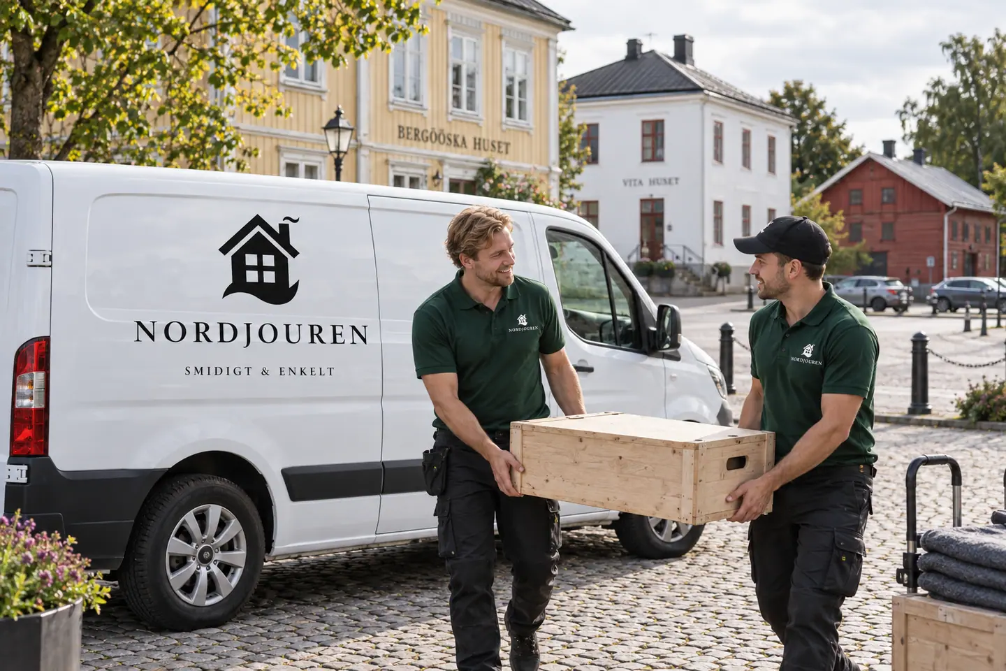 Illustration: Nordjourens bil och personal i Hallsberg, östra storgatan vid bergöökvarteret