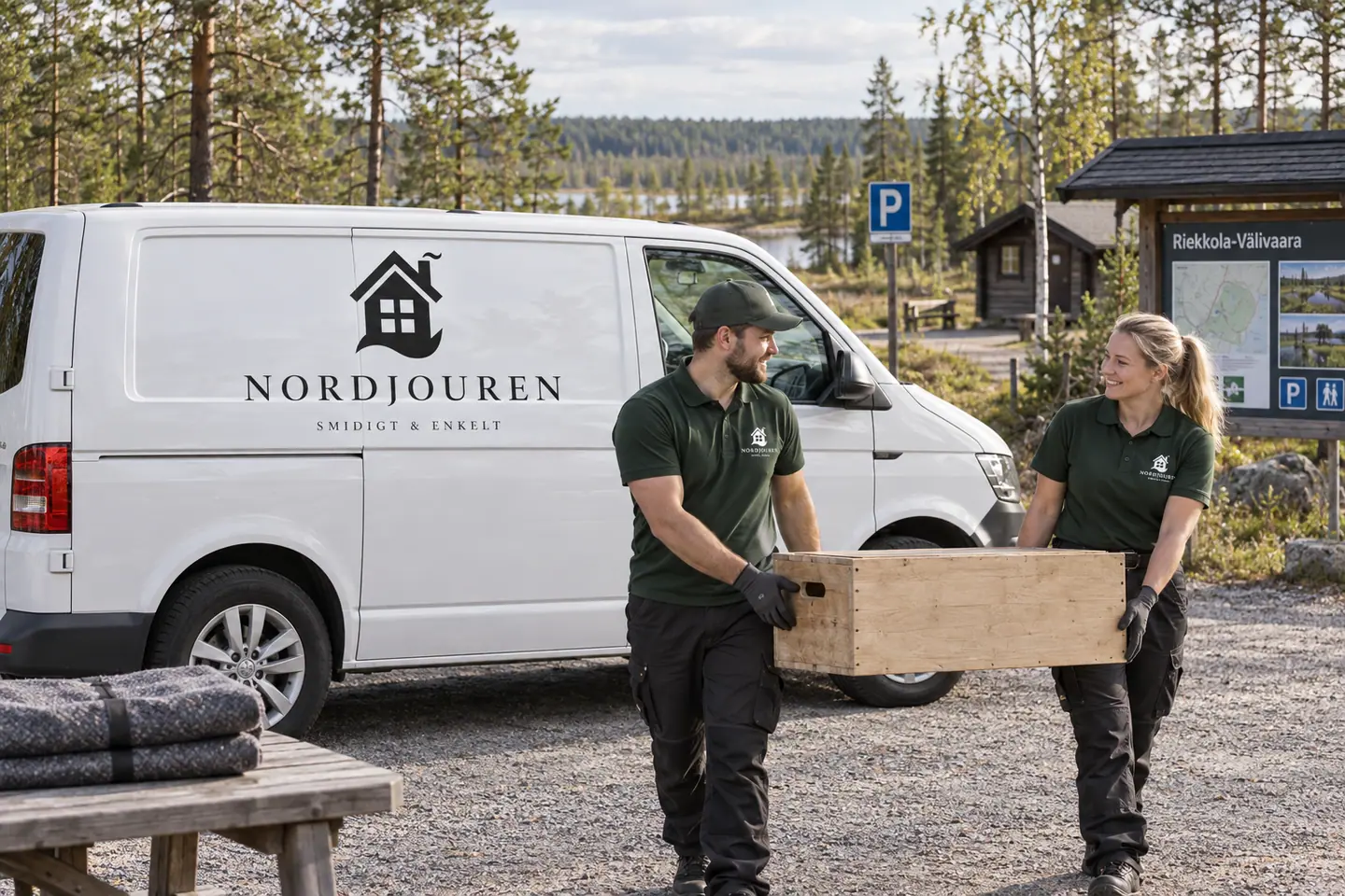 Illustration: Nordjourens bil och personal i Haparanda, riekkola-välivaaras entré nära stadens södra delar
