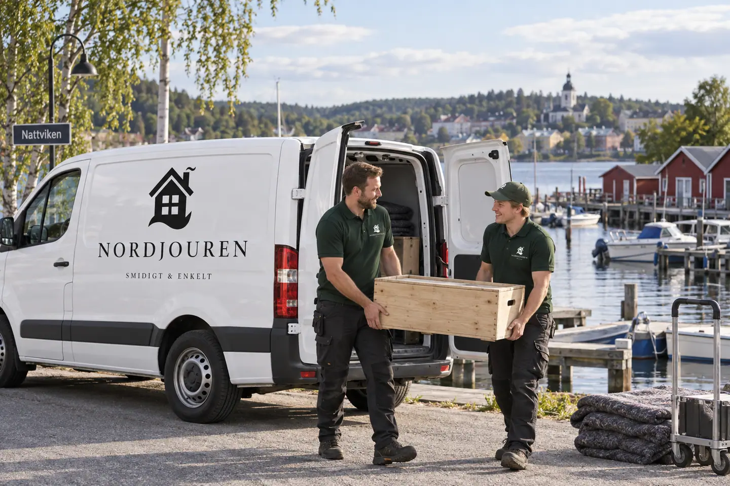 Illustration: Nordjourens bil och personal i Härnösand, nattvikens sjöbodar och småbåtshamn