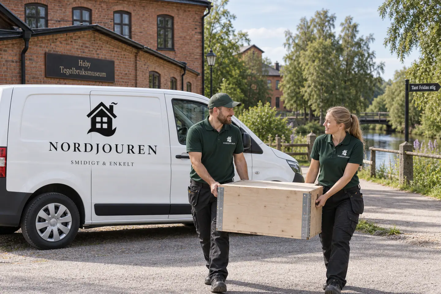 Illustration: Nordjourens bil och personal i Heby, tegelbruksmuseets miljö vid örsundaån