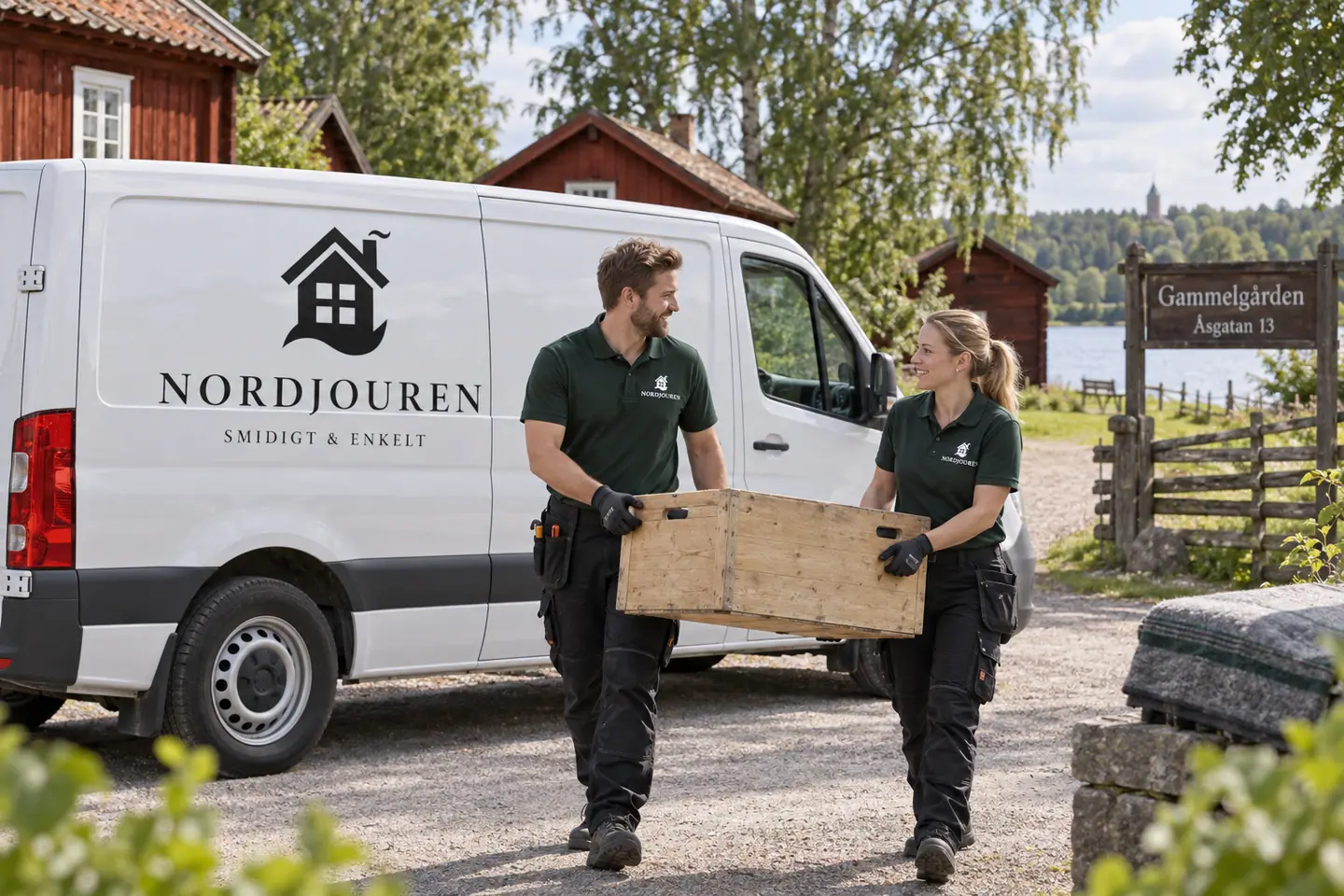Illustration: Nordjourens bil och personal i Hedemora, åsgatans tillfart till gammelgården vid hönsan