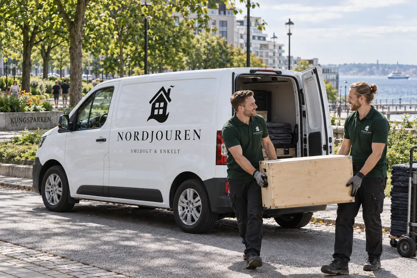 Illustration: Nordjourens bil och personal i Helsingborg, kungsgatan vid kungsparken i norra hamnen