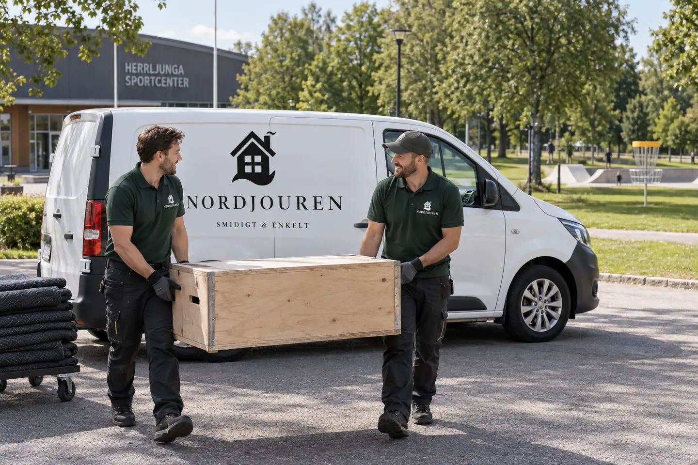 Illustration: Nordjourens bil och personal i Herrljunga, stadsparken vid herrljunga sportcenter