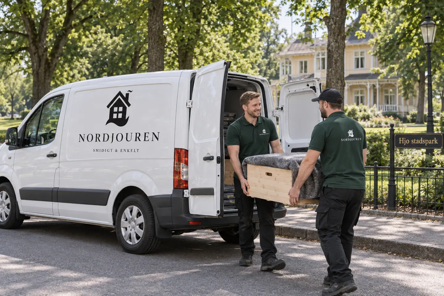 Illustration: Nordjourens bil och personal i Hjo, gatumiljö vid hjo stadspark