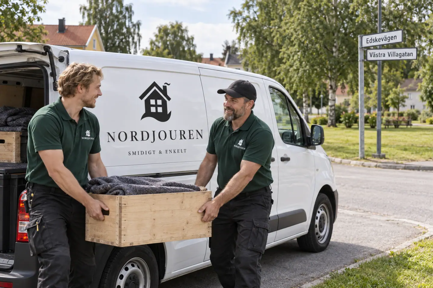 Illustration: Nordjourens bil och personal i Hofors, grönområdet vid edskevägen och västra villagatan
