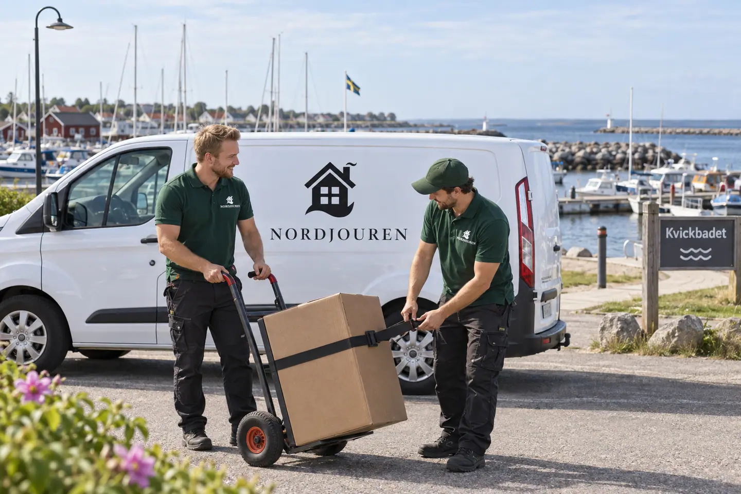 Illustration: Nordjourens bil och personal i Höganäs, hamngata nära kvickbadet