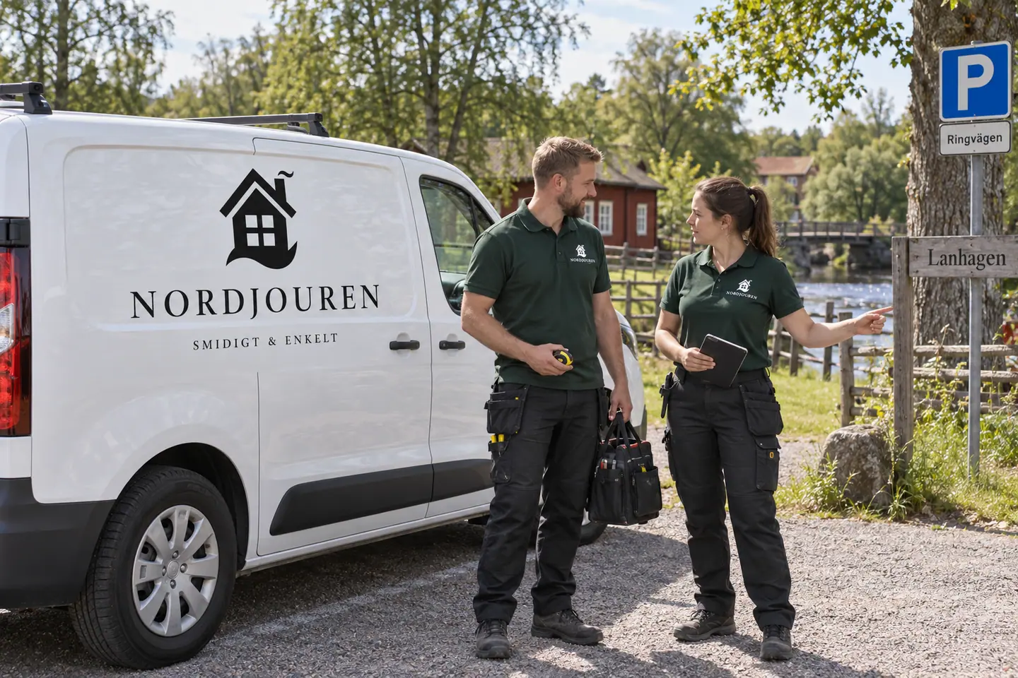 Illustration: Nordjourens bil och personal i Högsby, ringvägens parkering intill lanhagen