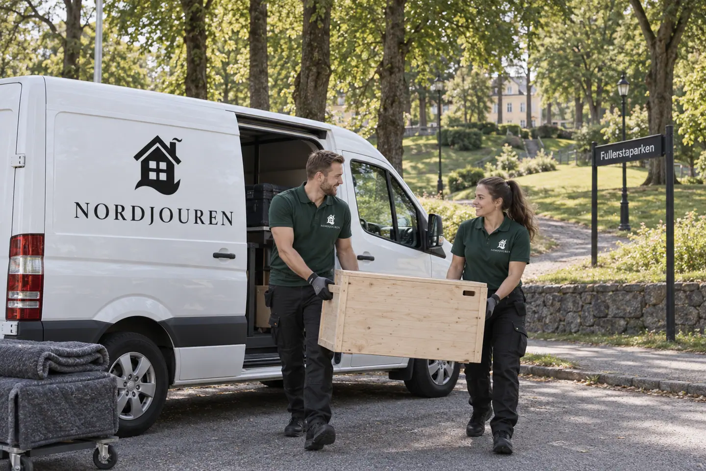 Illustration: Nordjourens bil och personal i Huddinge, Fullersta, fullerstaparkens entrémiljö