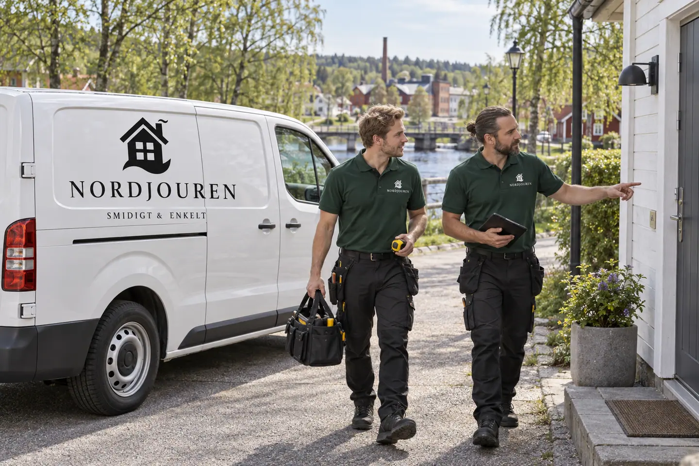 Illustration: Nordjourens bil och personal i Hyltebruk, gatumiljö nära nissan och kanalen i hyltebruk