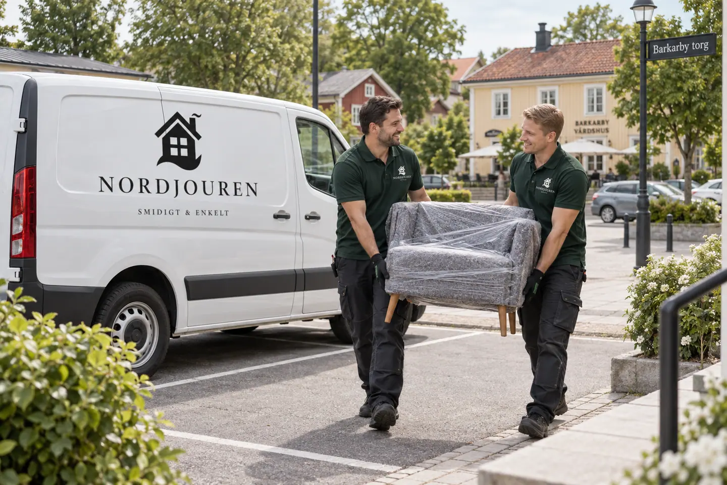 Illustration: Nordjourens bil och personal i Barkarby, barkarby torg och den äldre trädgårdsstaden