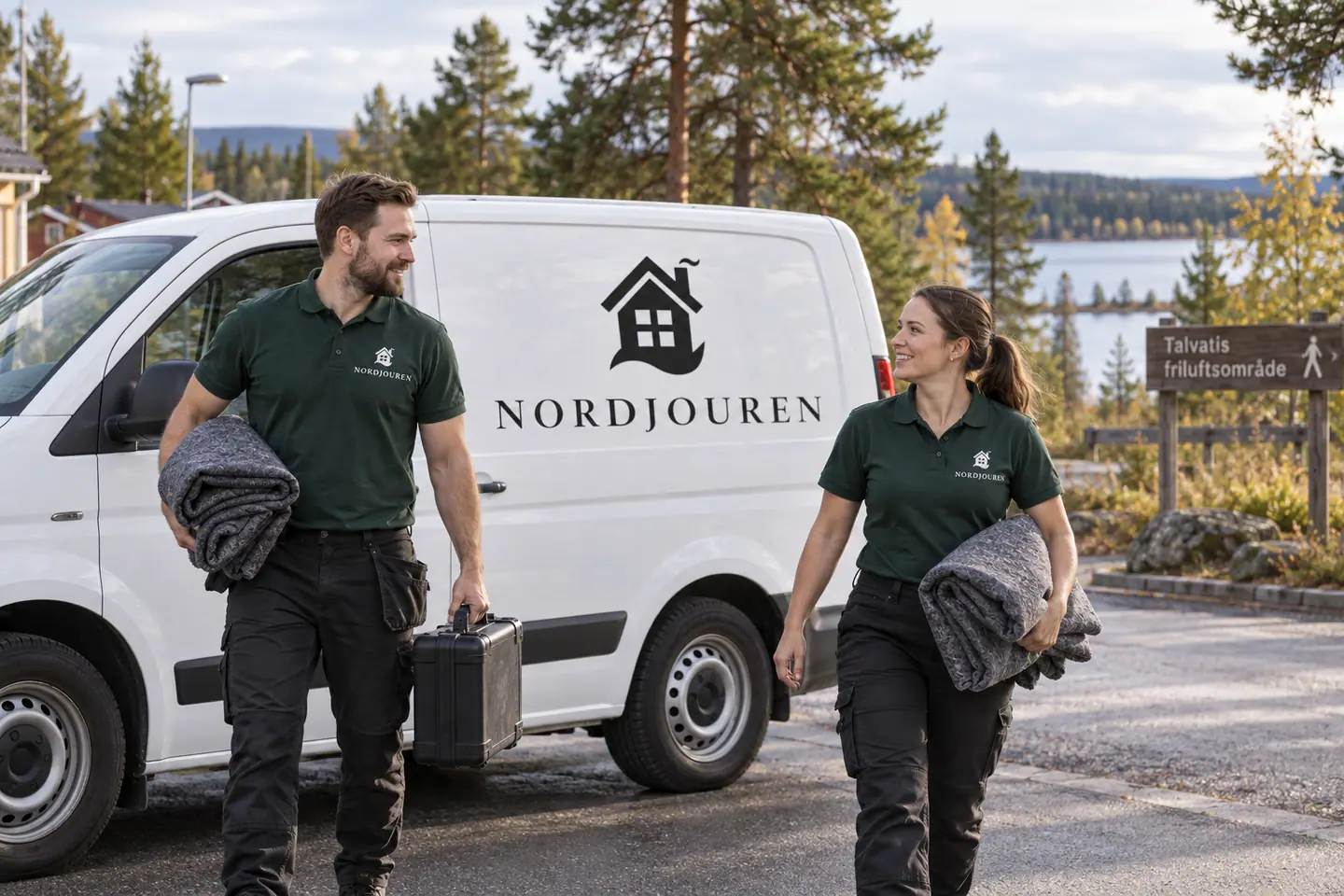 Illustration: Nordjourens bil och personal i Jokkmokk, tätortsgata nära talvatis