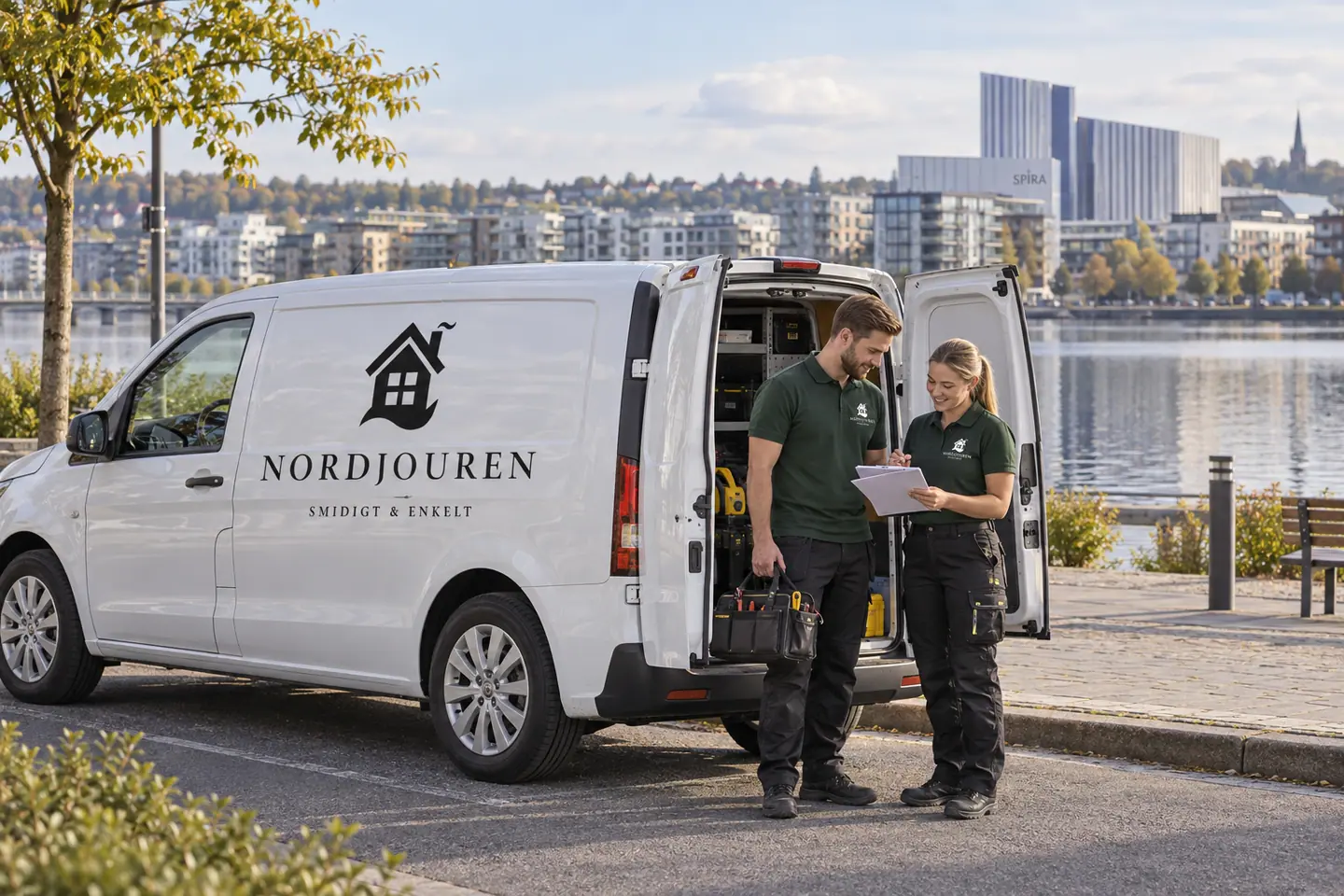 Illustration: Nordjourens bil och personal i Jönköping, gatuparkering vid munksjön