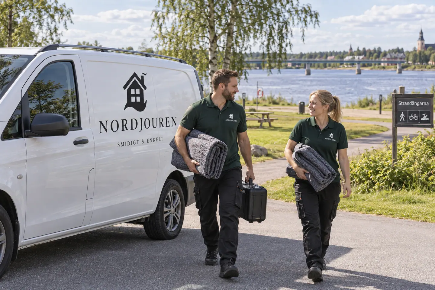 Illustration: Nordjourens bil och personal i Kalix, bilväg utanför strandängarna