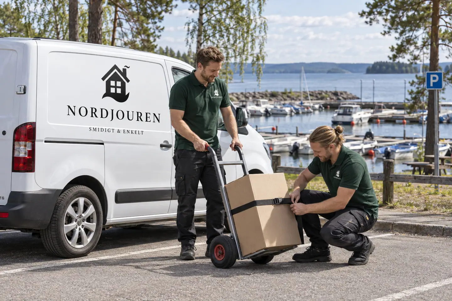 Illustration: Nordjourens bil och personal i Karlsborg, hankens hamn vid vättern