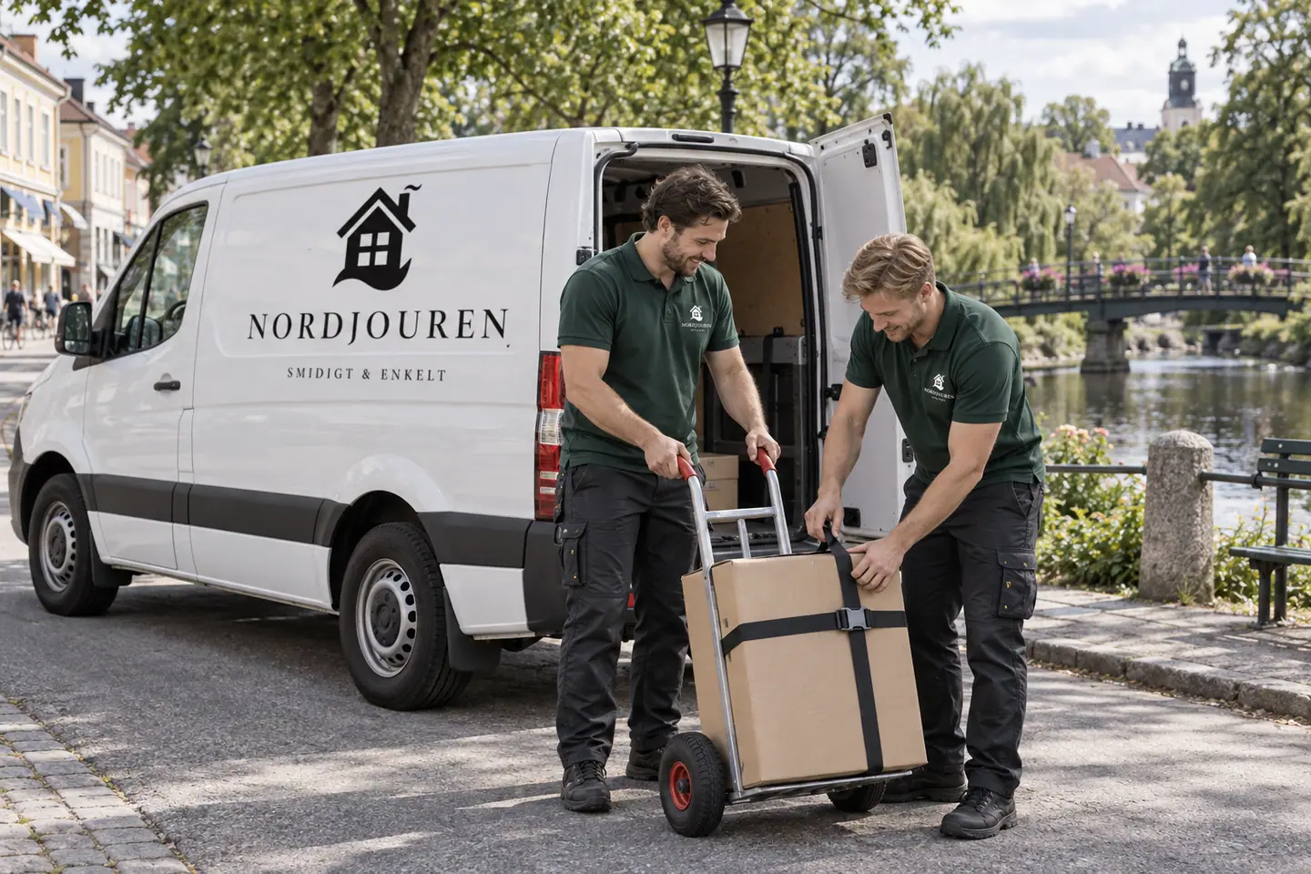 Illustration: Nordjourens bil och personal i Karlshamn, kyrkogatan nära mieåparken