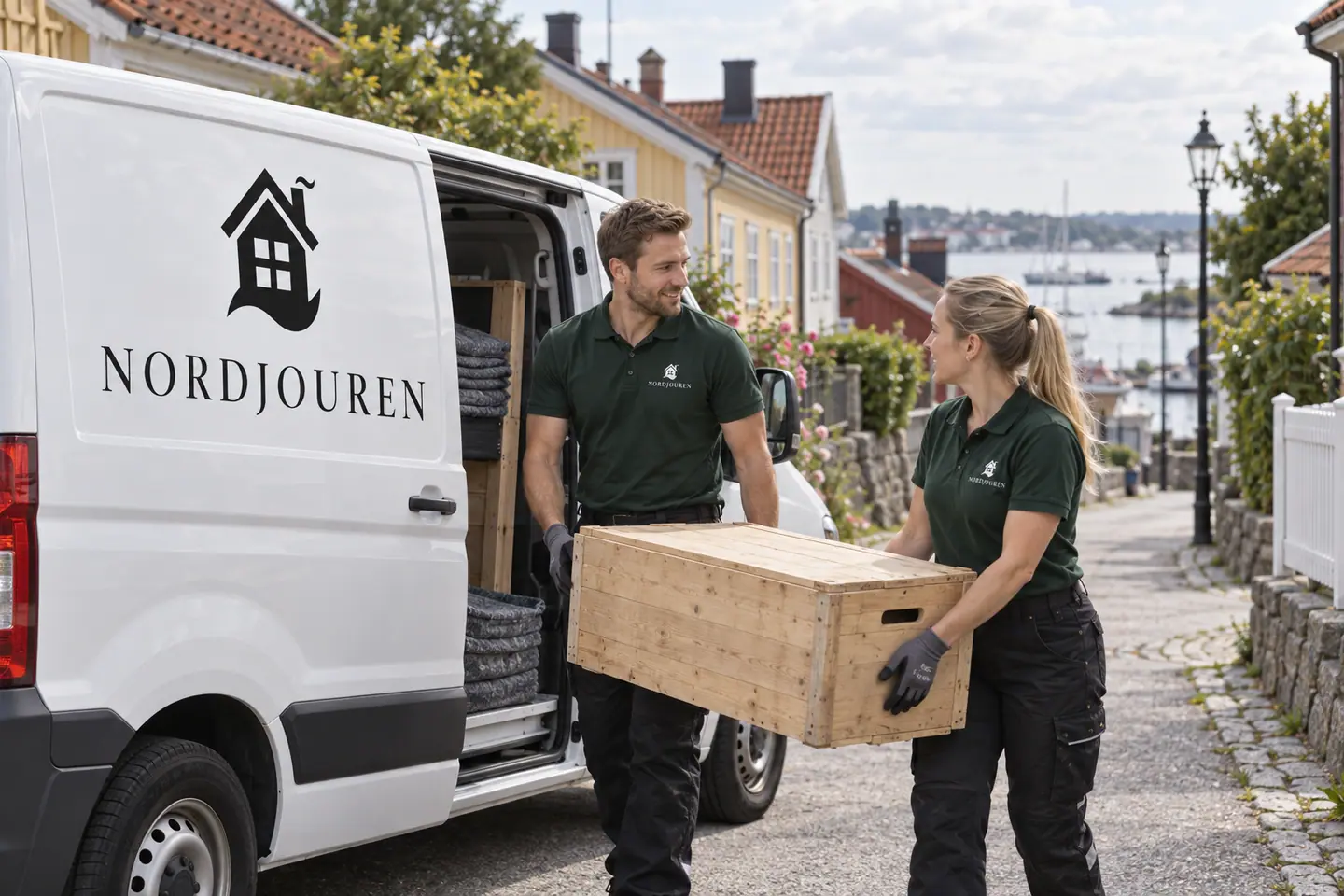 Illustration: Nordjourens bil och personal i Karlskrona, björkholmens äldre kvarter