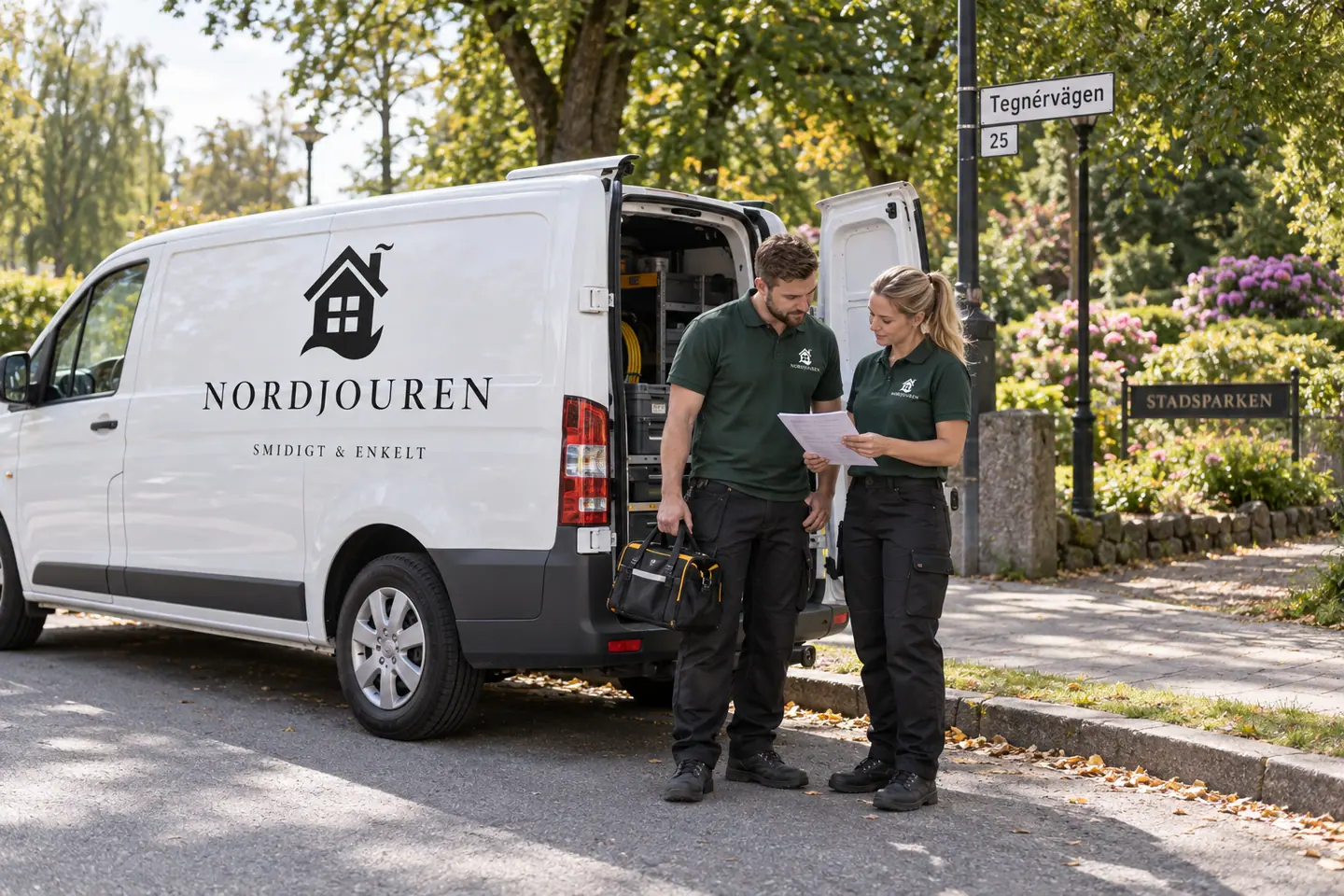 Illustration: Nordjourens bil och personal i Katrineholm, tegnérvägen utanför stadsparken