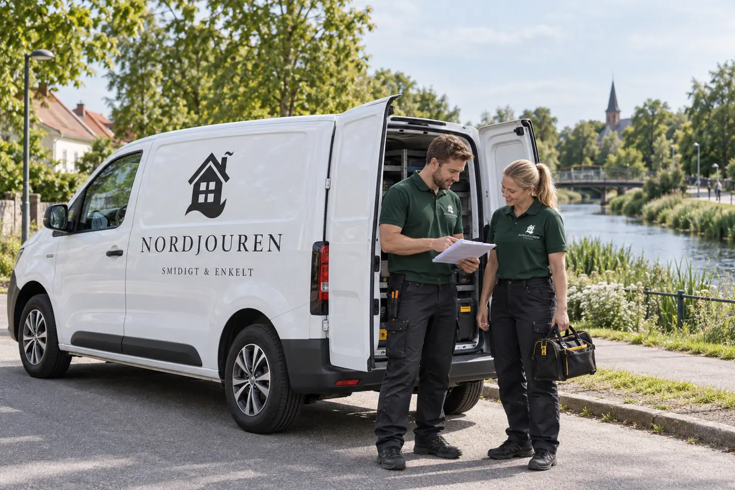 Illustration: Nordjourens bil och personal i Kävlinge, tätortsgata nära kävlingeån