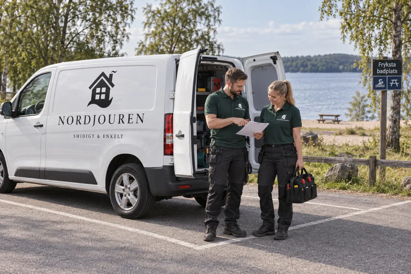 Illustration: Nordjourens bil och personal i Fryksta i Kil, fryksta badplats parkering vid nedre fryken