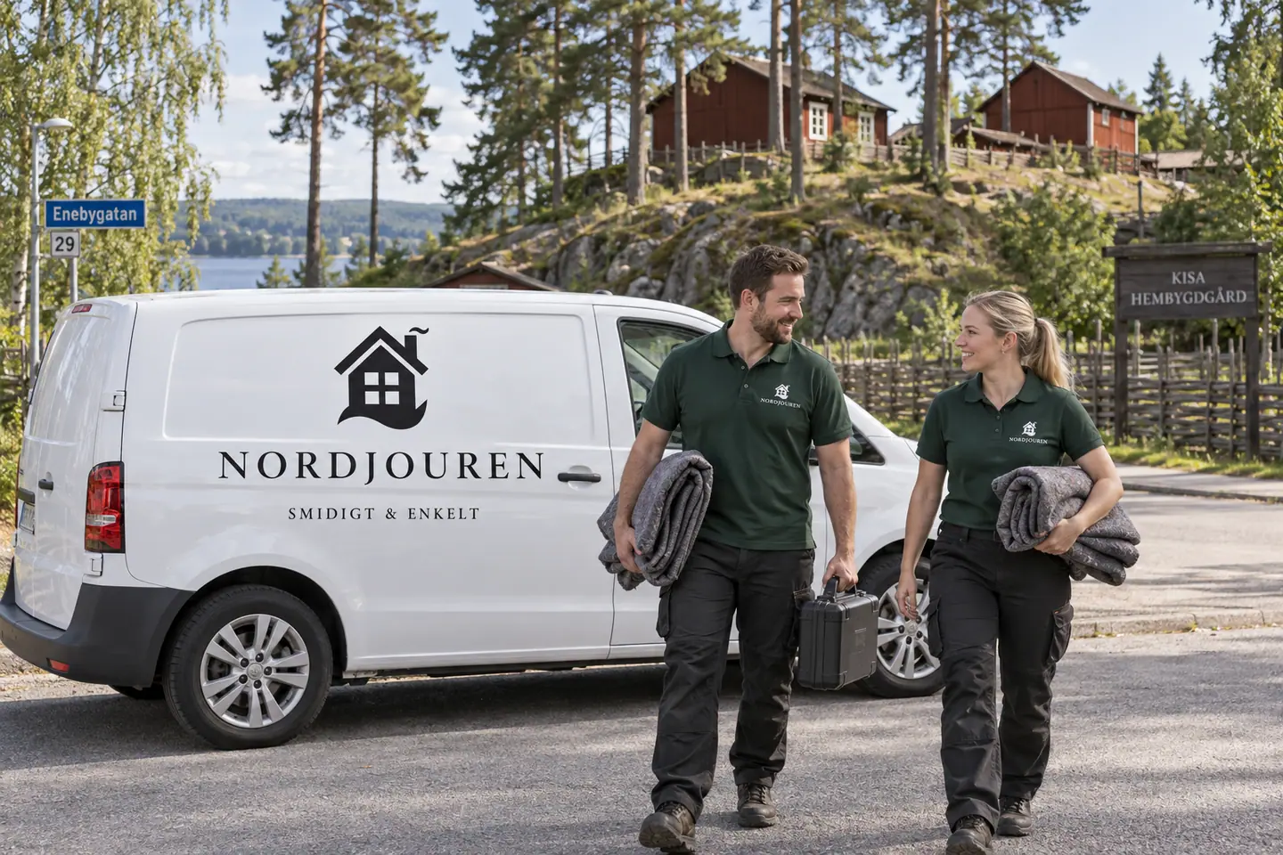 Illustration: Nordjourens bil och personal i Kisa, enebygatan utanför kisa hembygdsgård
