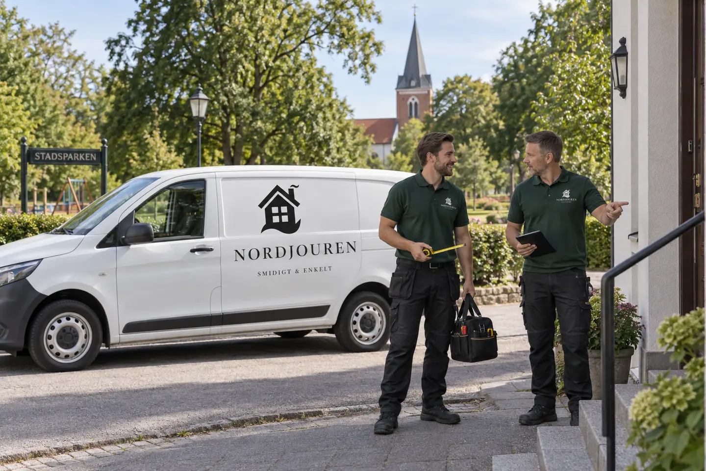 Illustration: Nordjourens bil och personal i Klippan, gata utanför stadsparkens västra del