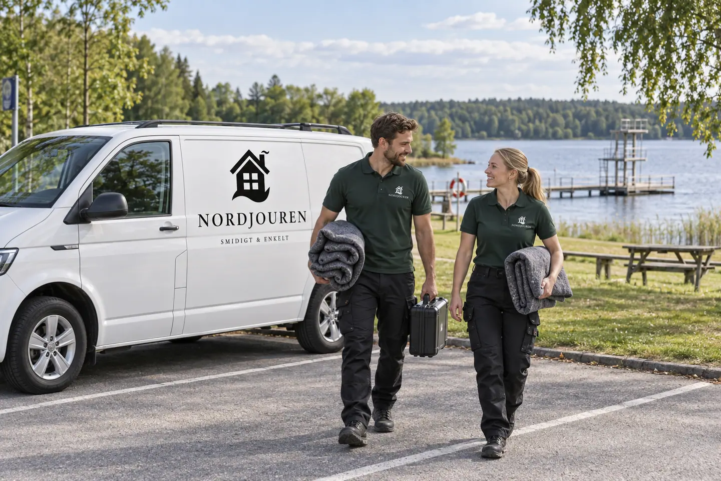 Illustration: Nordjourens bil och personal i Knivsta, parkering vid särstabadet och valloxen