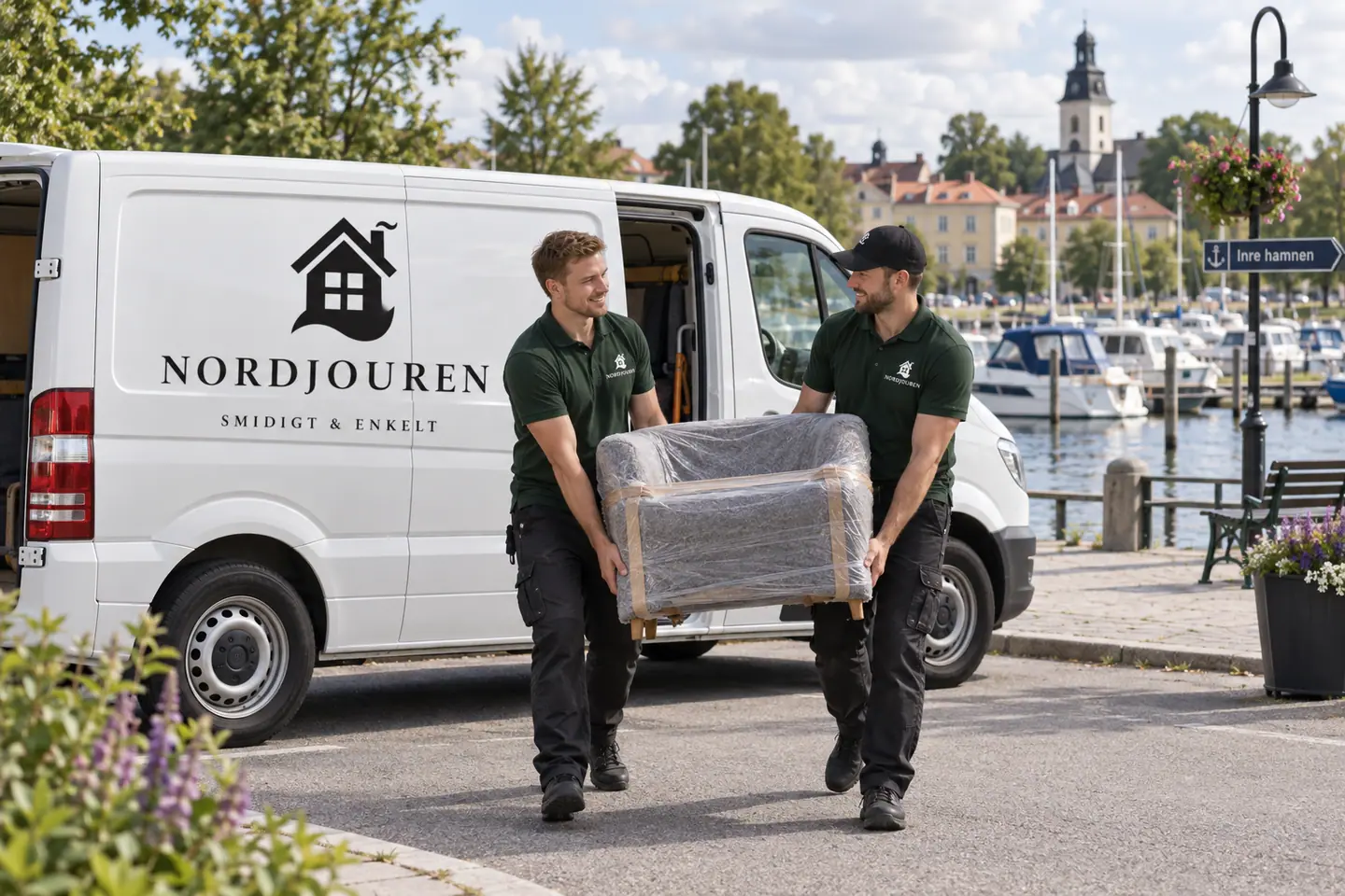 Illustration: Nordjourens bil och personal i Köping, gata vid köpings inre gästhamn