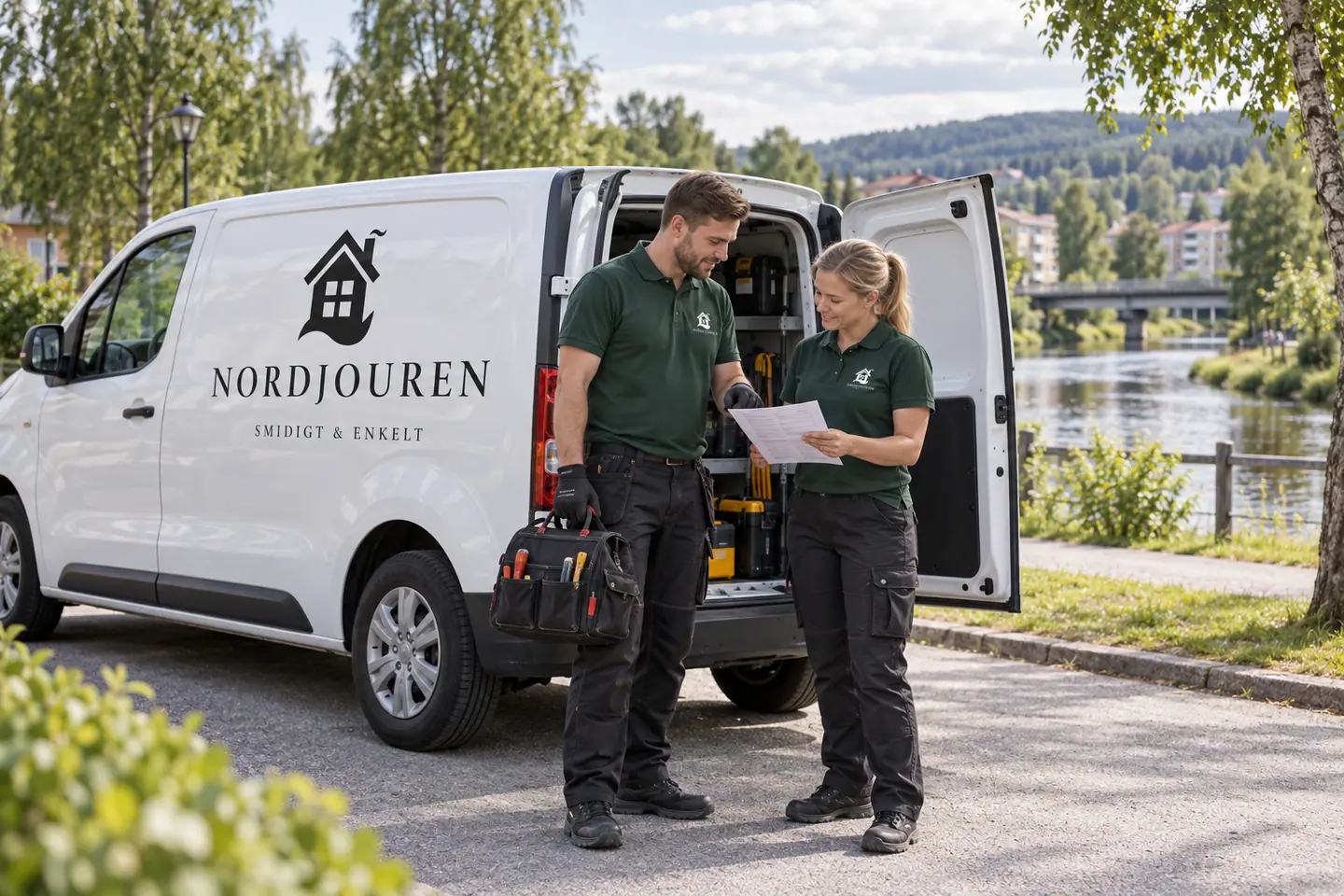 Illustration: Nordjourens bil och personal i Kramfors, bostadsgata nära kramforsån