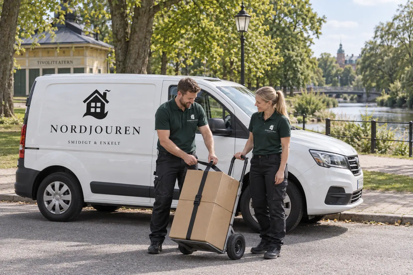 Illustration: Nordjourens bil och personal i Kristianstad, gatumiljö utanför tivoliparken