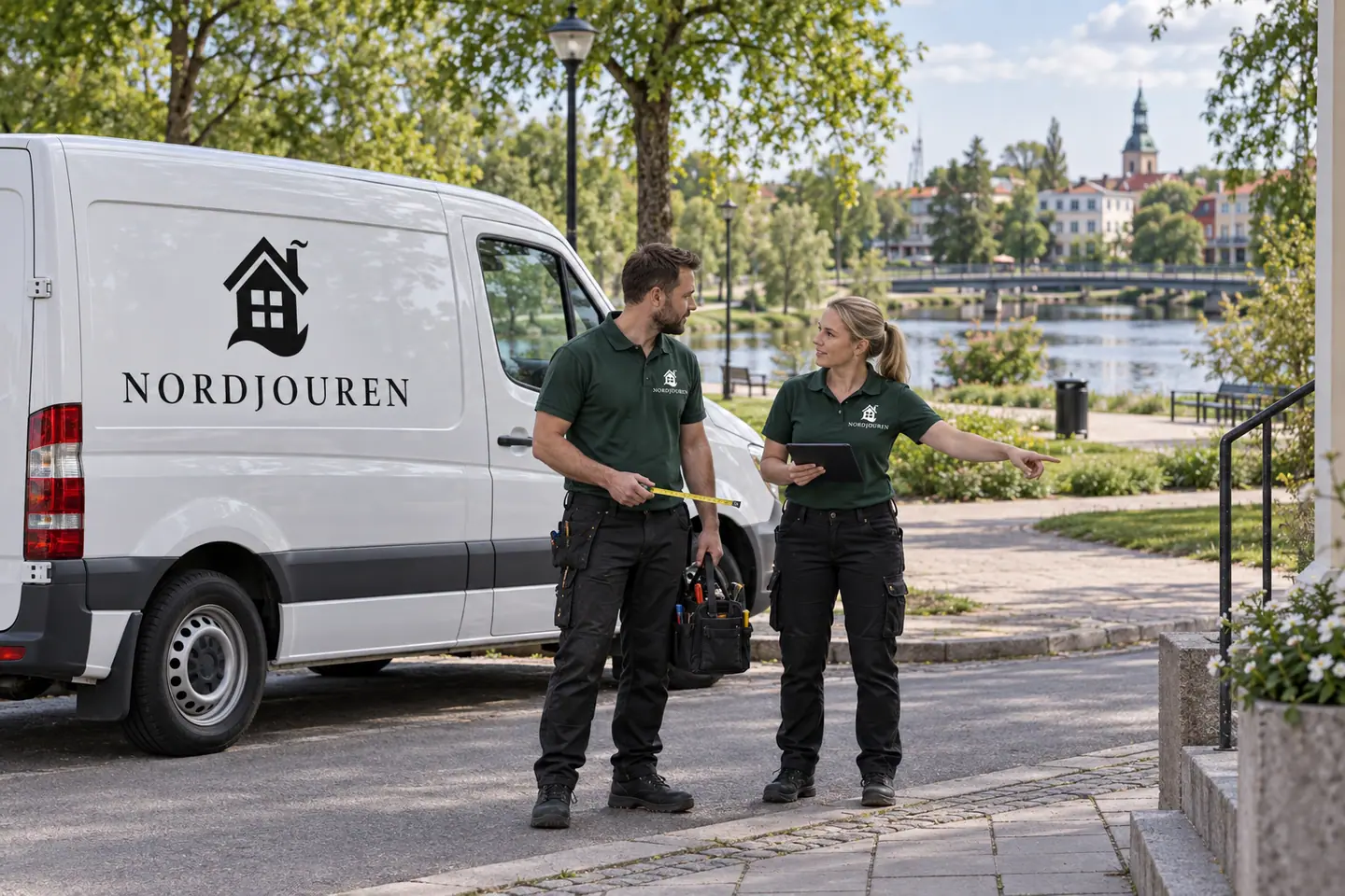 Illustration: Nordjourens bil och personal i Kristinehamn, gata nära stadsparken och varnan