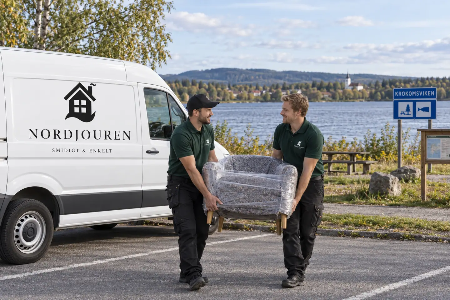 Illustration: Nordjourens bil och personal i Krokom, rastplatsen vid krokomsviken
