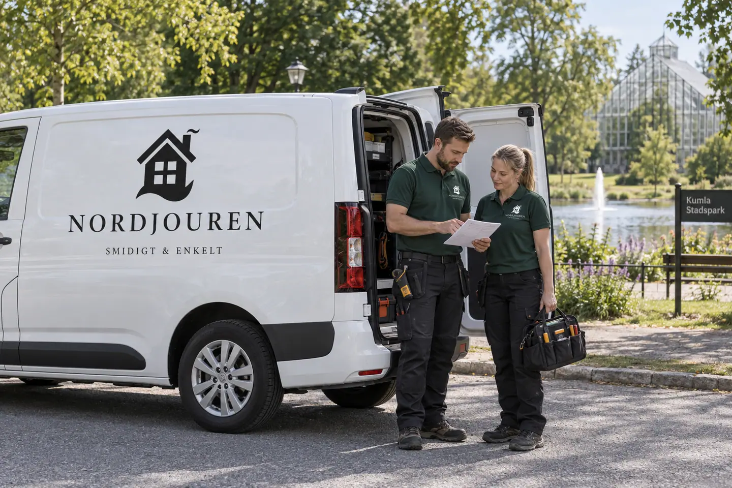 Illustration: Nordjourens bil och personal i Kumla, bilväg utanför kumla stadspark