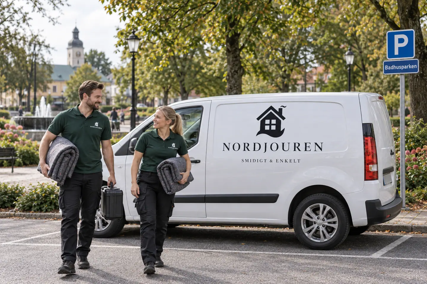 Illustration: Nordjourens bil och personal i Kungsbacka, parkeringen vid badhusparken