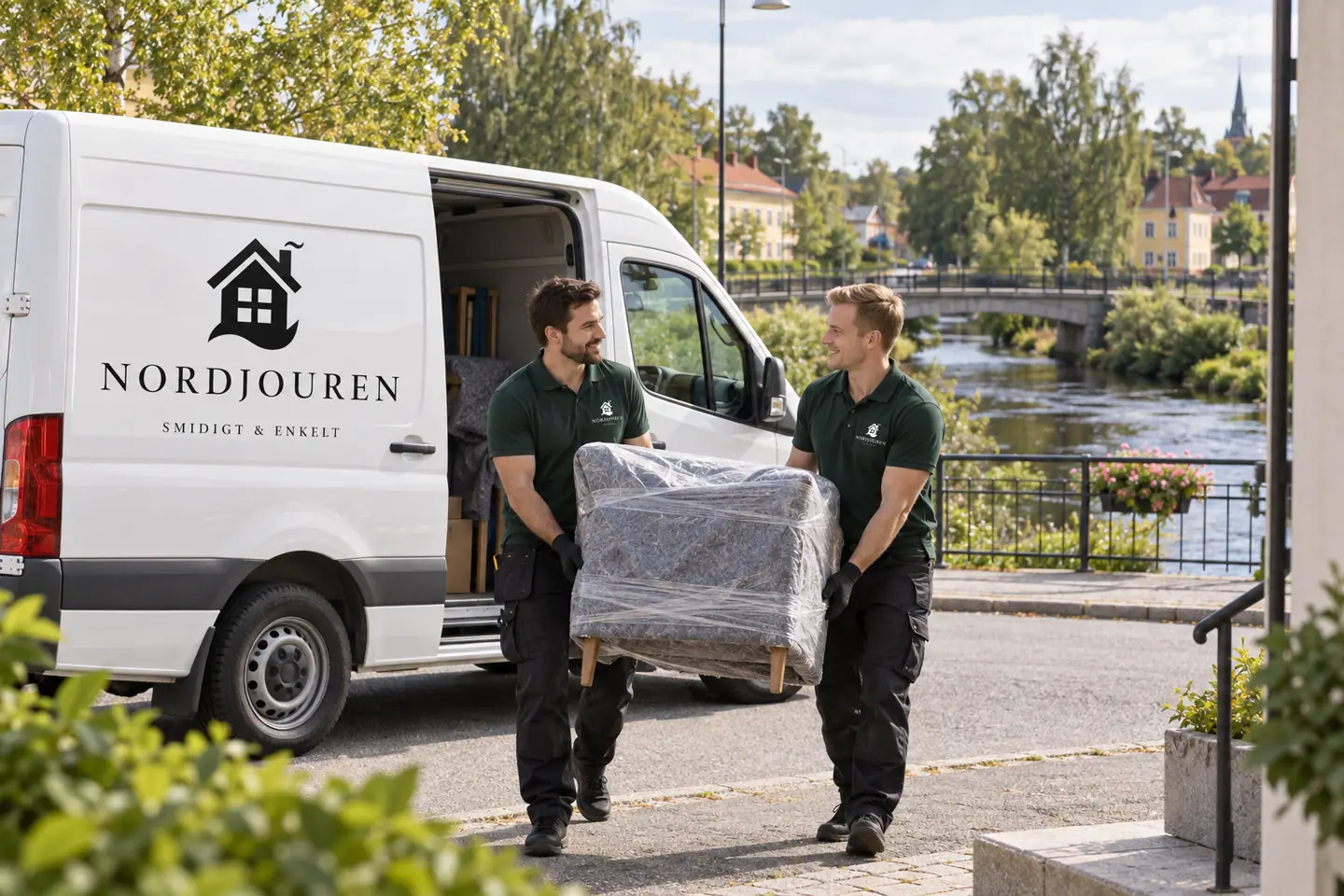 Illustration: Nordjourens bil och personal i Laxå, central gatumiljö nära laxån