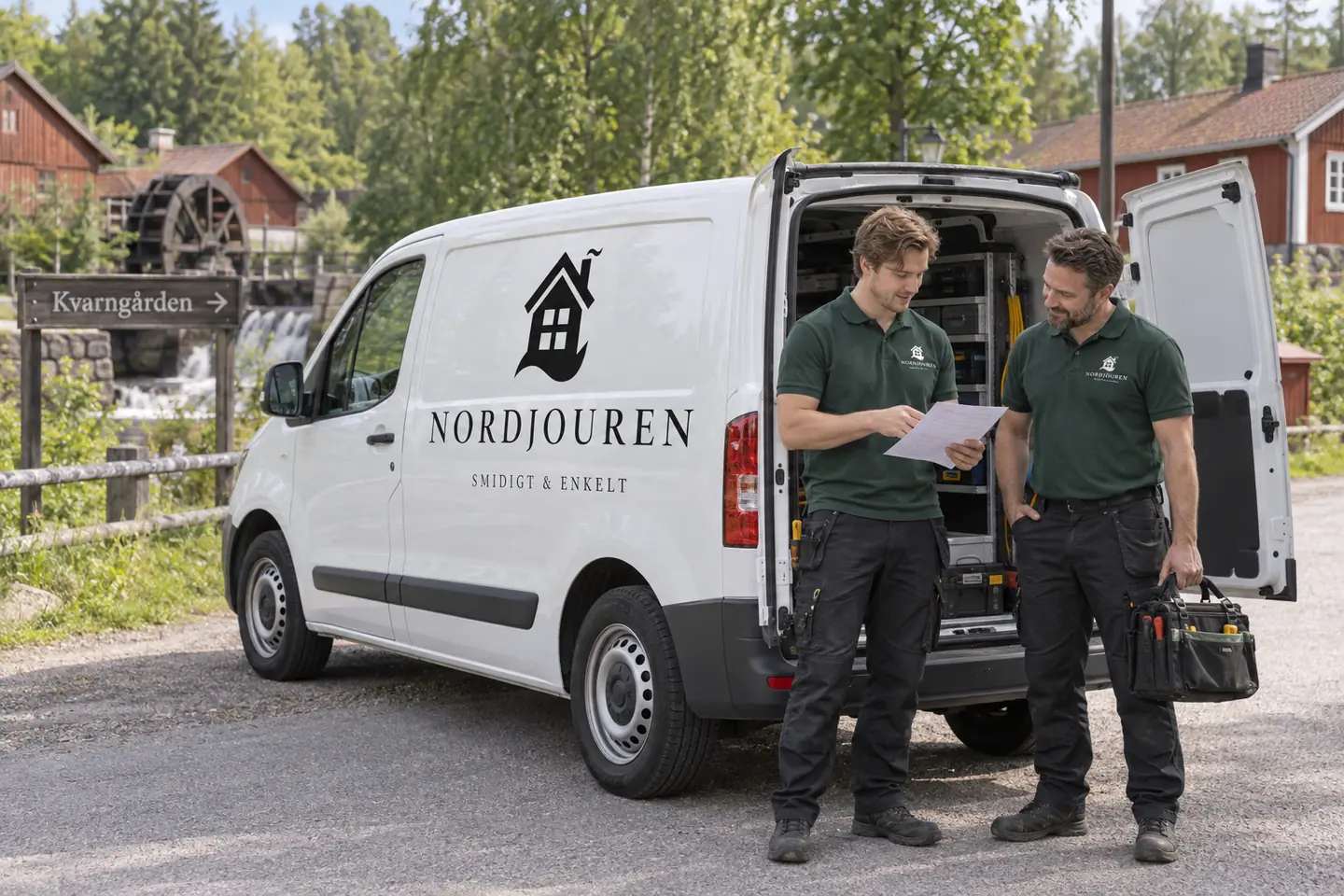 Illustration: Nordjourens bil och personal i Mullhyttan, gatumiljö utanför kvarngården i mullhyttan