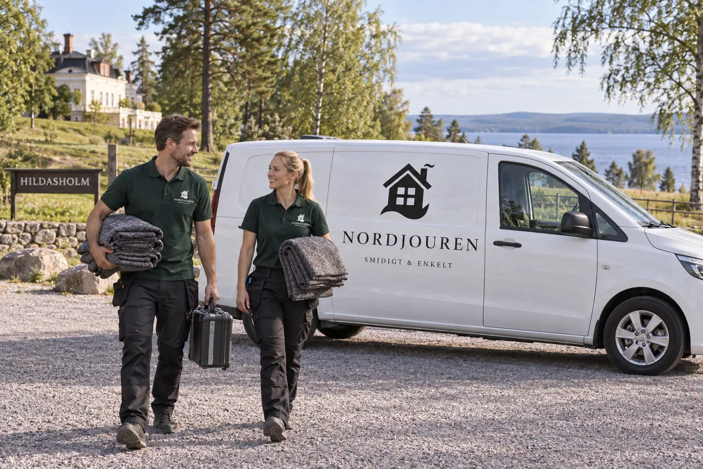 Illustration: Nordjourens bil och personal i Leksand, yttre grusparkering vid hildasholm
