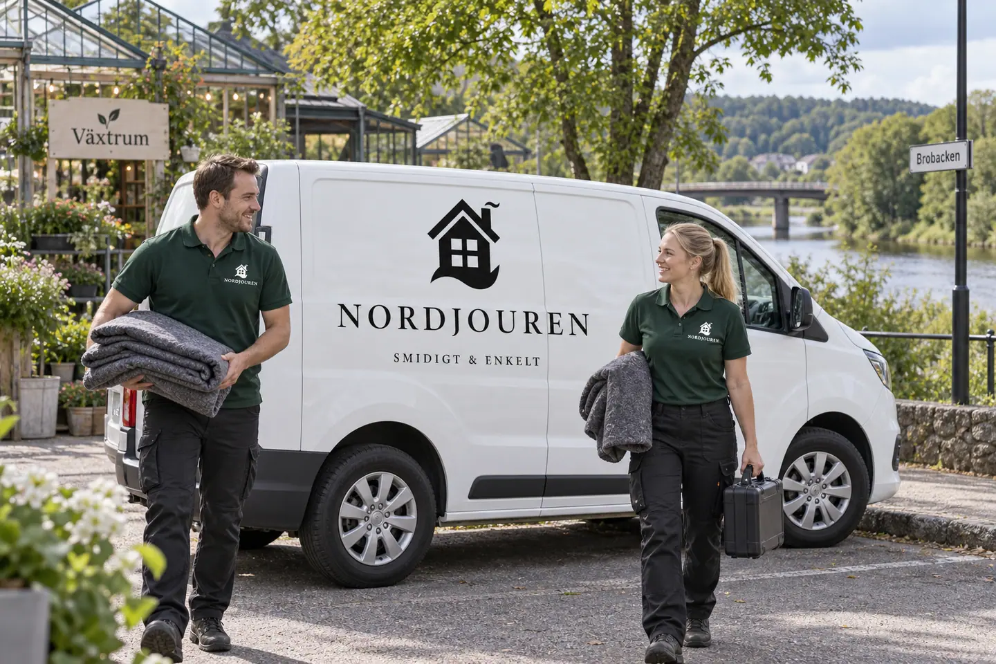 Illustration: Nordjourens bil och personal i Lerum, brobacken vid säveån