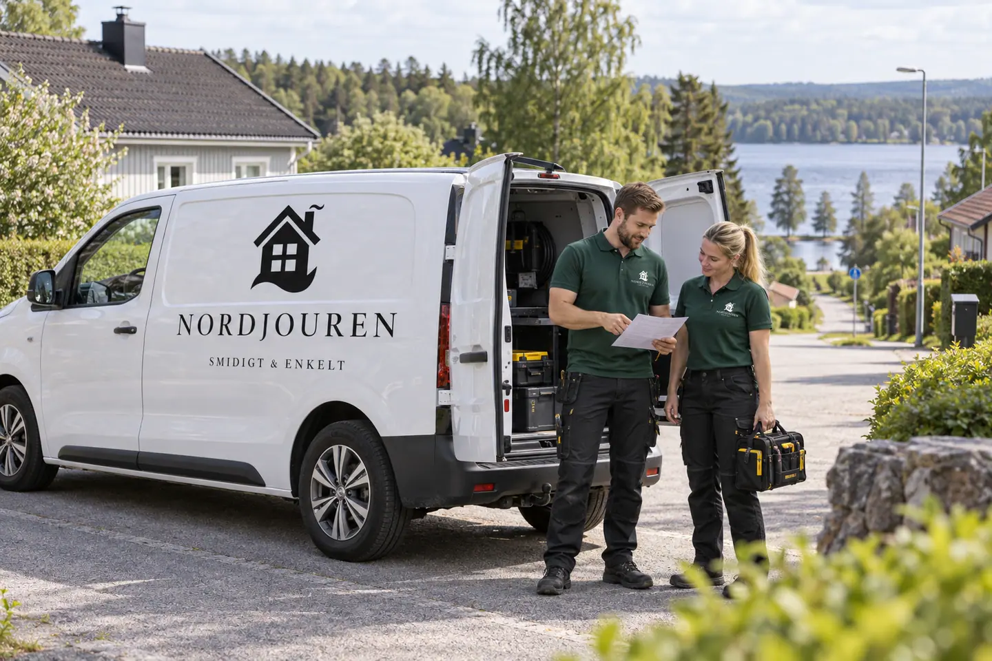 Illustration: Nordjourens bil och personal i Lessebo, bostadsgata nära läen