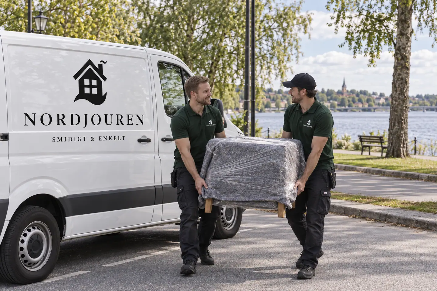 Illustration: Nordjourens bil och personal i Lindesberg, gatumiljö nära stora lindessjöns nordöstra strand
