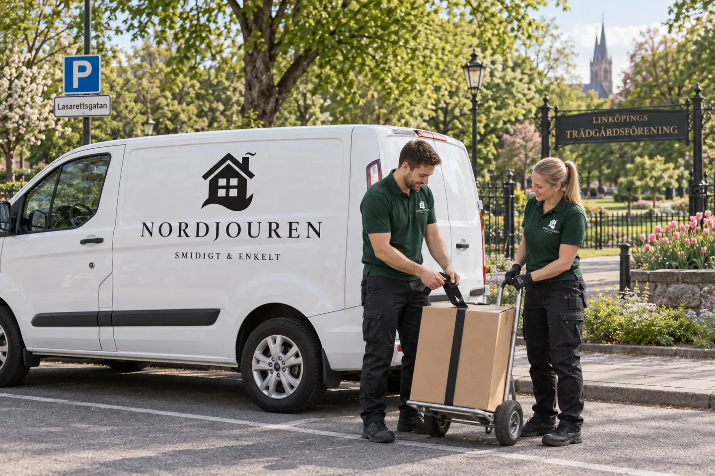 Illustration: Nordjourens bil och personal i Linköping, lasarettsgatan utanför trädgårdsföreningen