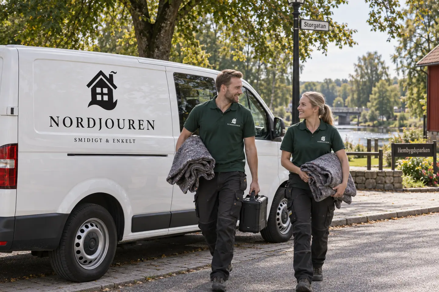 Illustration: Nordjourens bil och personal i Ljungby, storgatan vid hembygdsparken och lagan