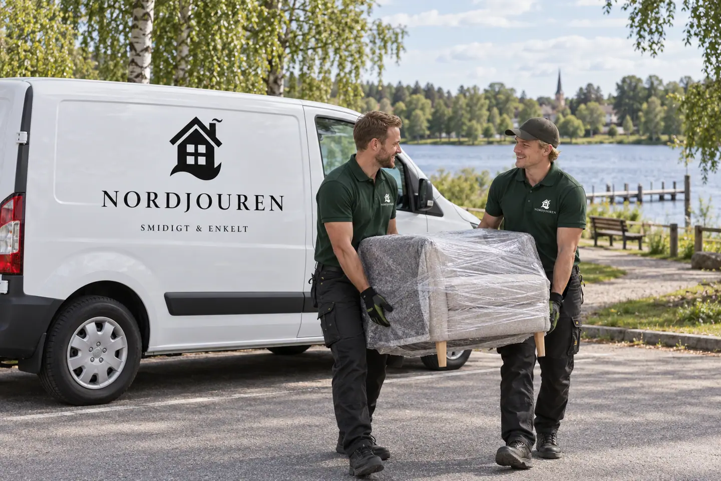 Illustration: Nordjourens bil och personal i Ljusdal, yttre gatumiljö vid kyrksjön och kärleksudden