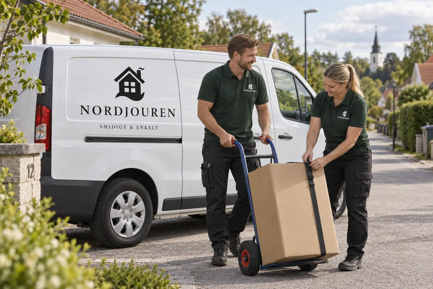 Illustration: Nordjourens bil och personal i Bälinge, bostadsgata i bälinge norr om uppsala