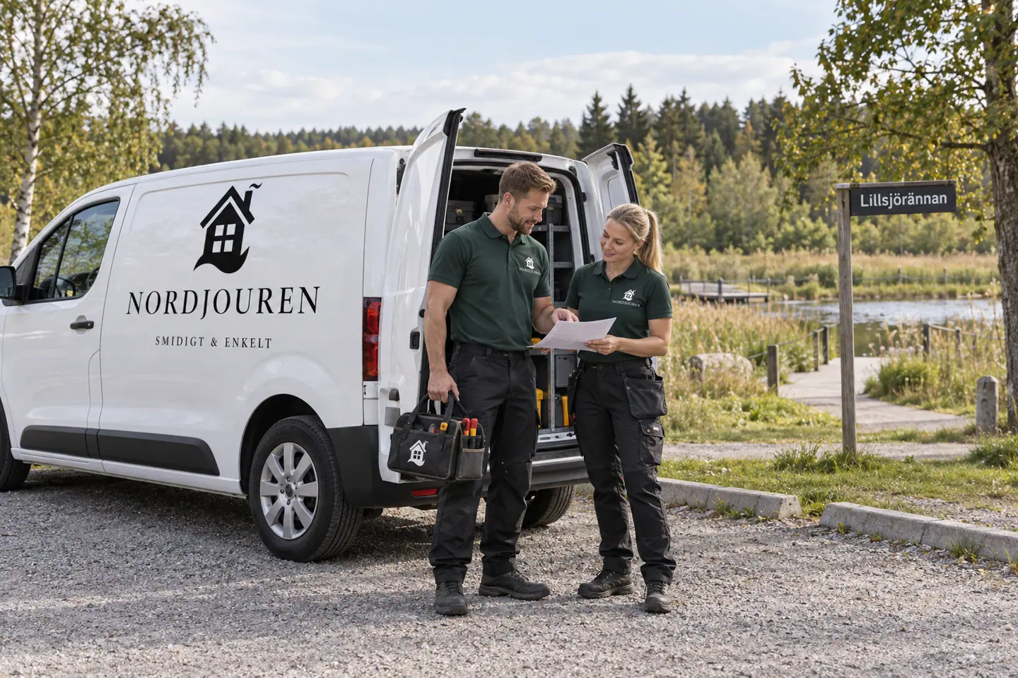 Illustration: Nordjourens bil och personal i Bålsta, parkeringen vid lillsjörännan i bålsta