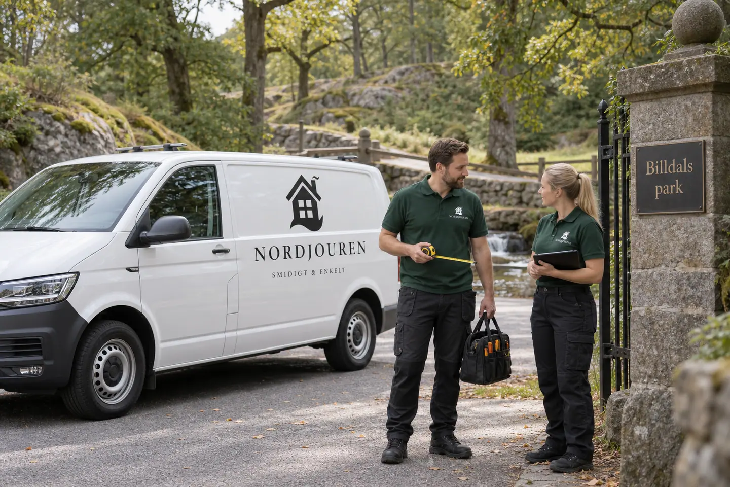 Illustration: Nordjourens bil och personal i Billdal, gatumiljö utanför billdals park