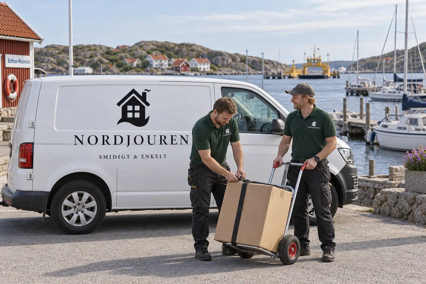 Illustration: Nordjourens bil och personal i Bohus-Malmön, bohus-malmöns gästhamn från landsidan