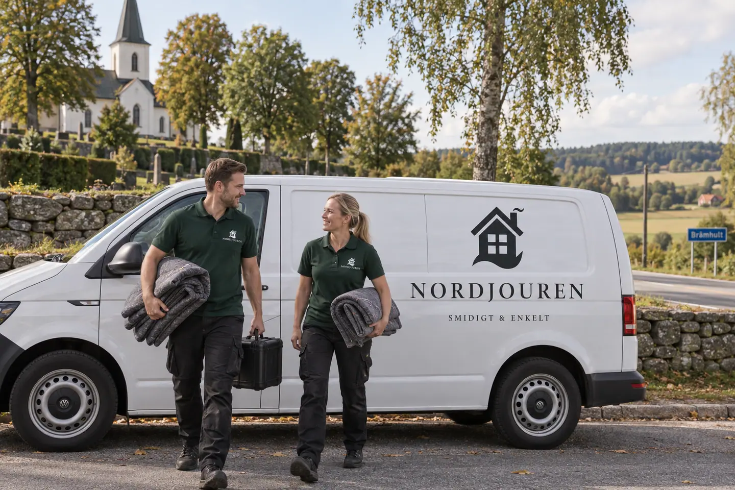 Illustration: Nordjourens bil och personal i Brämhult, landsväg utanför brämhults kyrkomiljö
