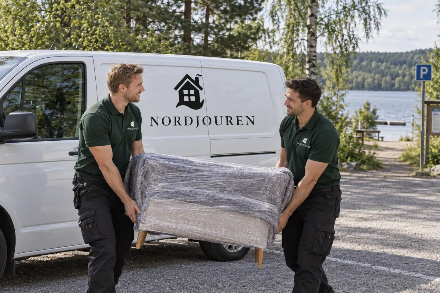 Illustration: Nordjourens bil och personal i Dalsjöfors, parkeringen vid dalsjöns badplats