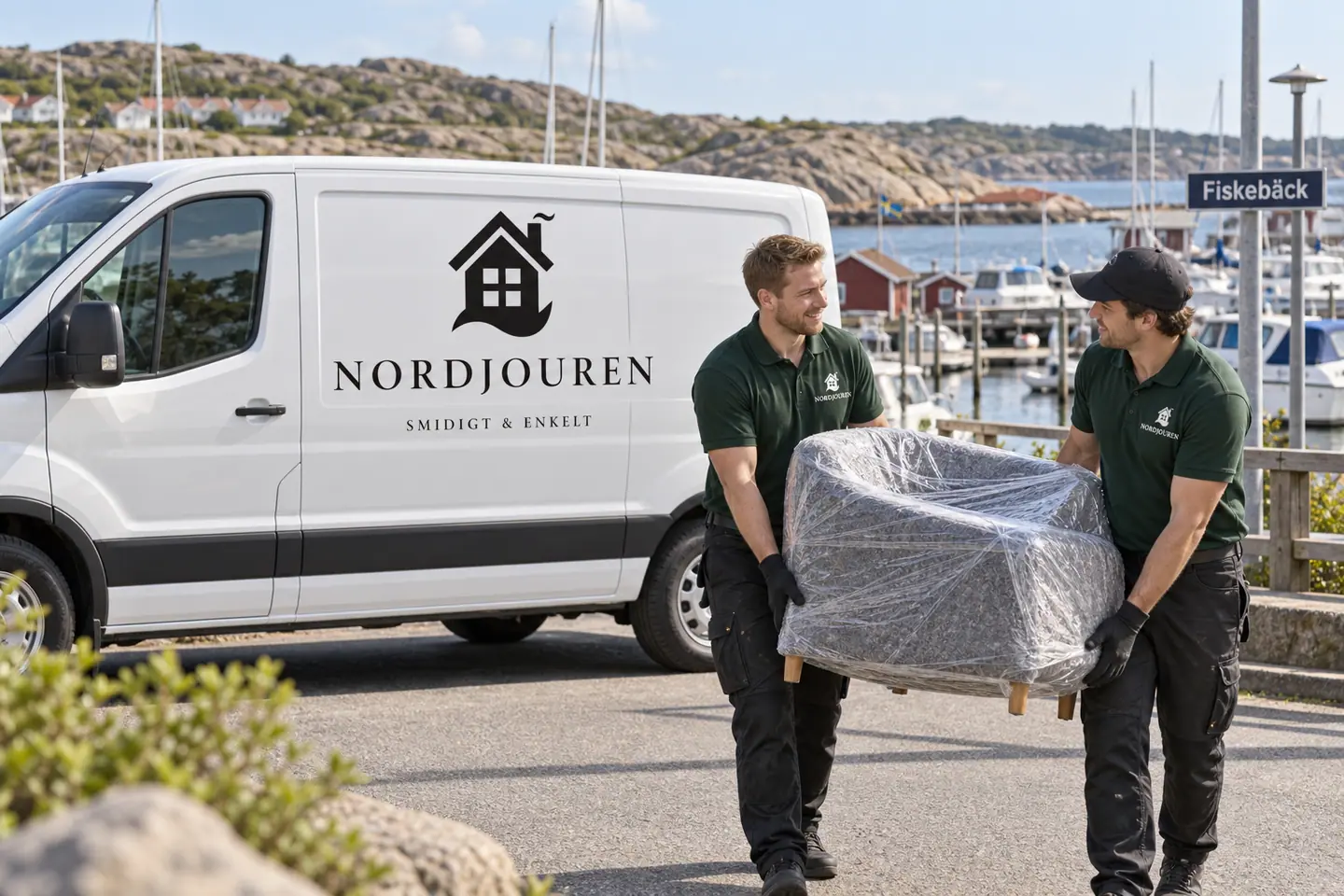 Illustration: Nordjourens bil och personal i Fiskebäck, bilväg vid fiskebäcks småbåtshamn